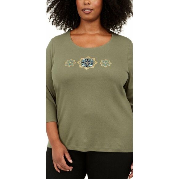 Karen Scott Plus Size Sequin Flower Shirt Top 1X‎ - Picture 1 of 7